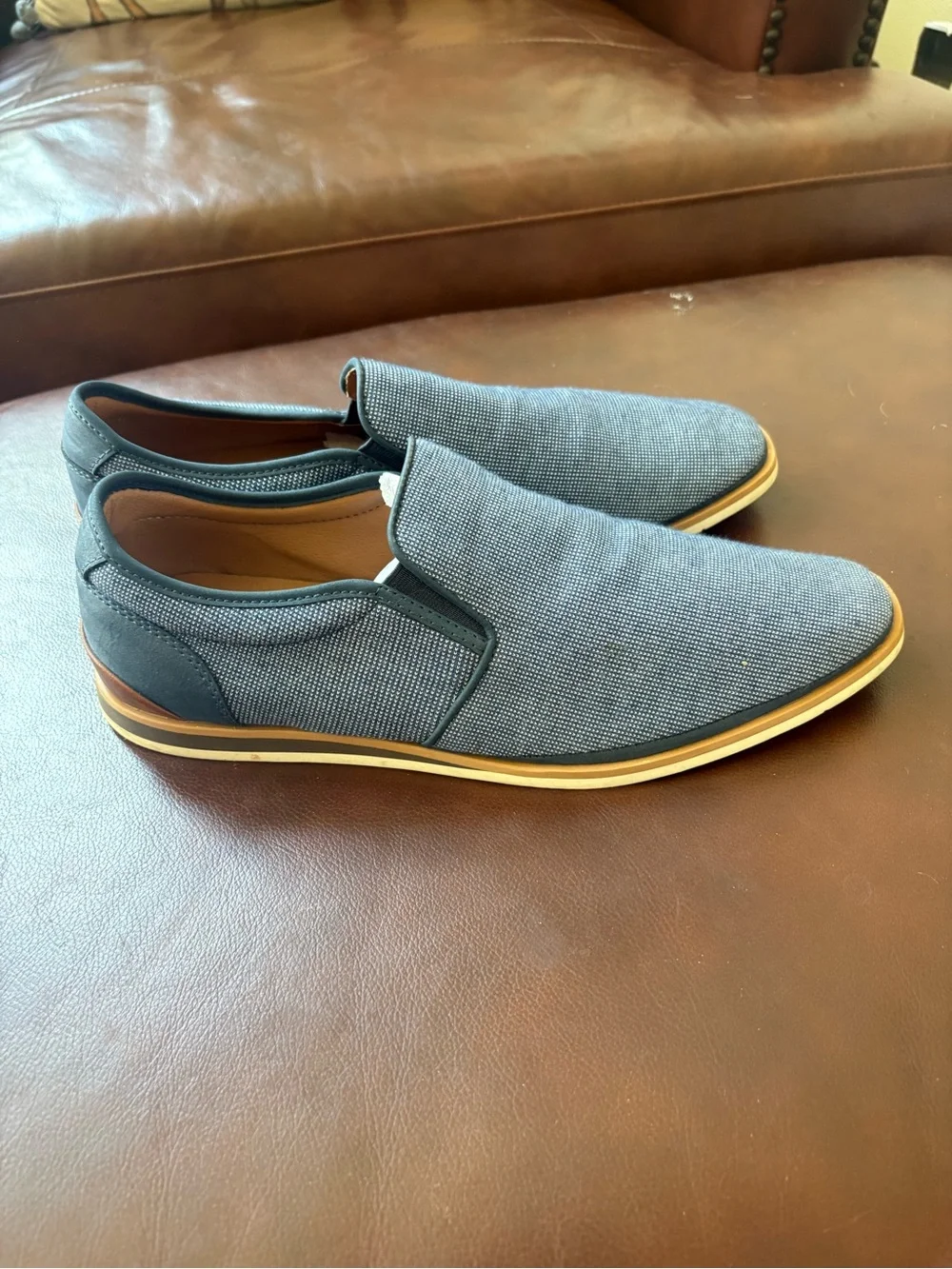 Robert Wayne Men's Slip-On Loafers in Navy Blue with Tan Sole